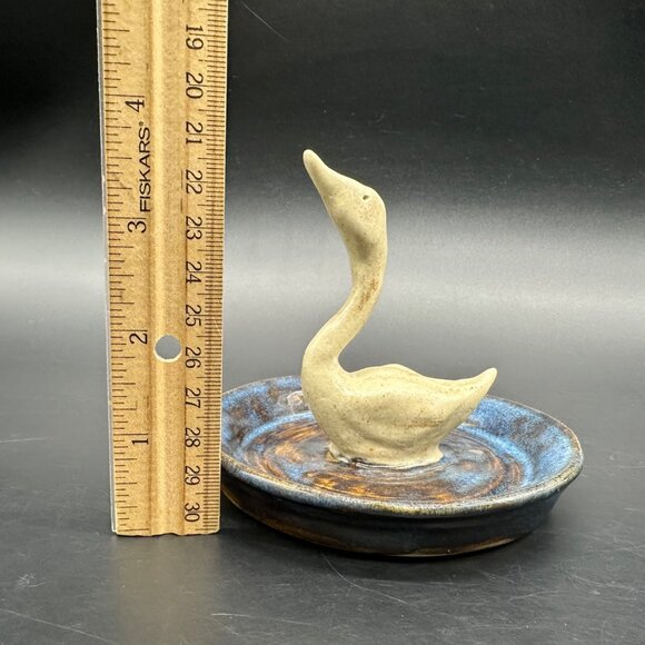 Art Pottery Swan Ring Dish Trinket Holder Bird Figurine Jewelry Blue Signed - Picture 9 of 10